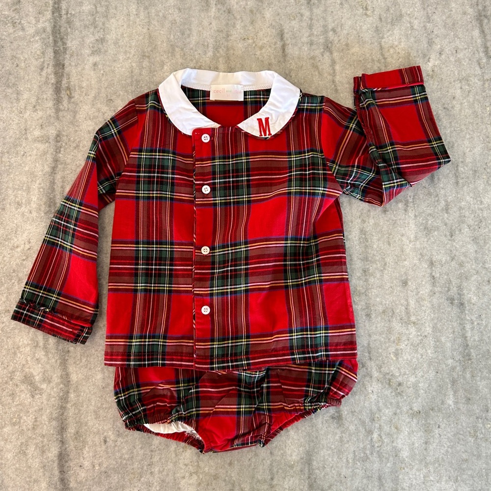 Cecil and Lou Red Plaid Shorts Set with Monogrammed M Size 3T